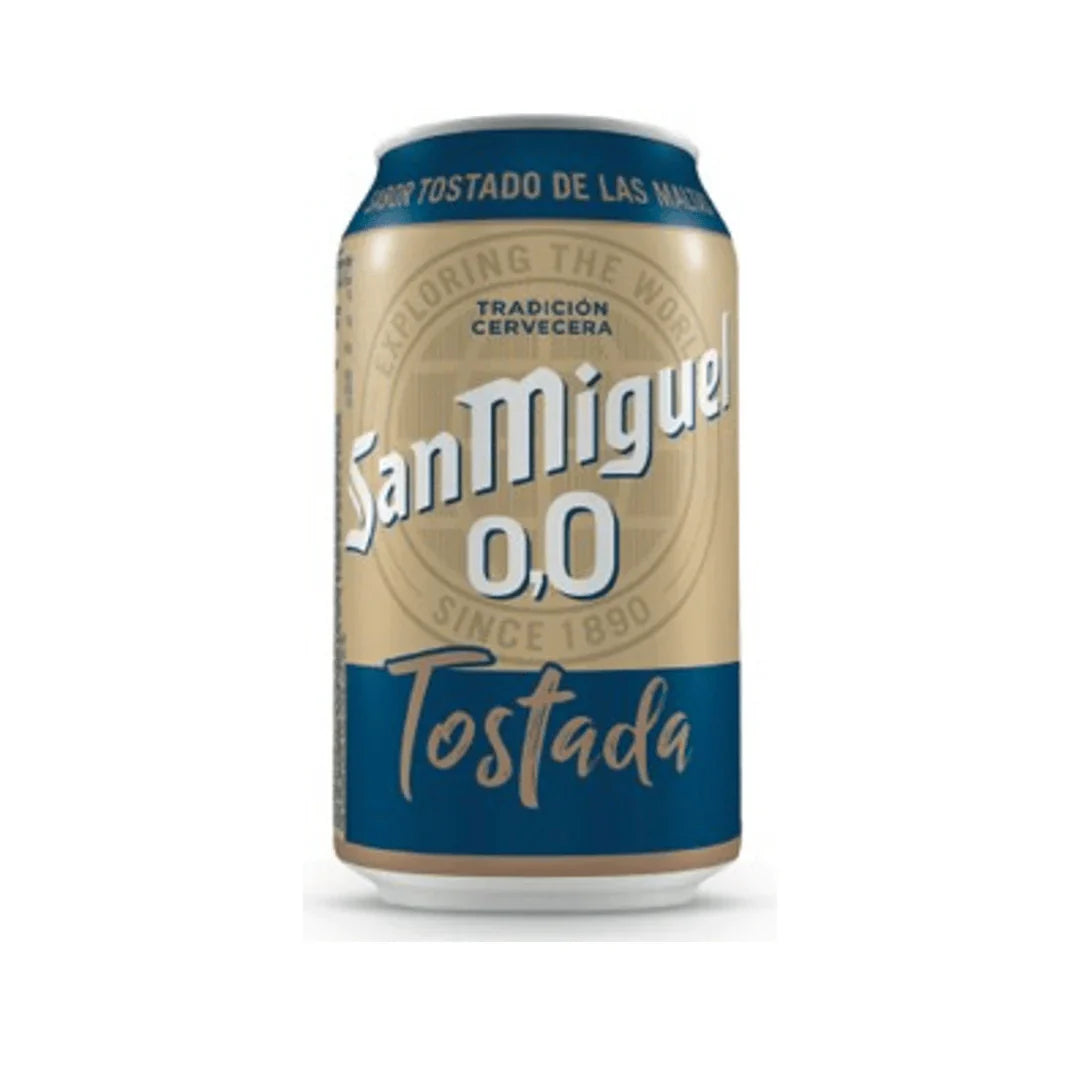San Miguel 0% tostada beer can on a white background