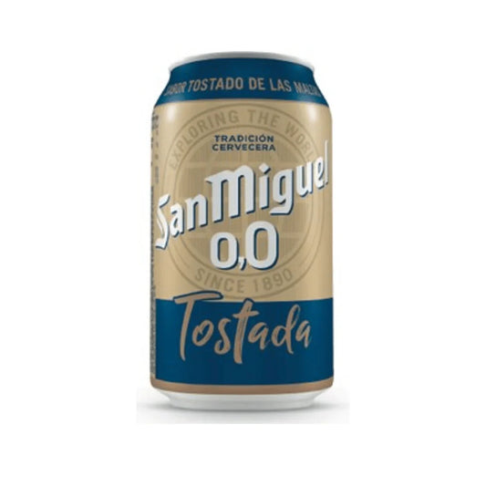 San Miguel 0% tostada beer can on a white background
